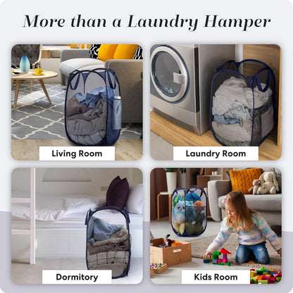 Collapsible Mesh Pop Up Laundry Hamper 2-Pack – Large Foldable Laundry Basket with Side Pocket, Breathable & Durable, Space-Saving for Clothes, Toys, Travel, Dorm, Bedroom, Blue