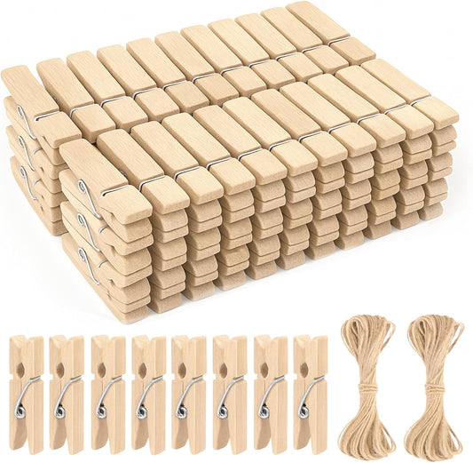 Mini Clothespins Wooden - Small Clothes Pins for Crafts 1.4 Inch,50 Pcs Natural Clothespins Clips with Jute String for Hanging Pictures,Photo Displays,Baby Cloth,Classroom Arts