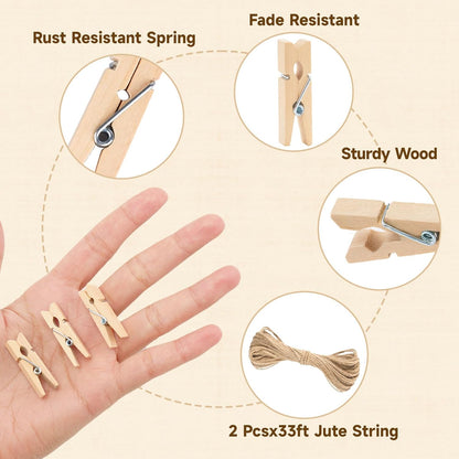 Mini Clothespins Wooden - Small Clothes Pins for Crafts 1.4 Inch,50 Pcs Natural Clothespins Clips with Jute String for Hanging Pictures,Photo Displays,Baby Cloth,Classroom Arts