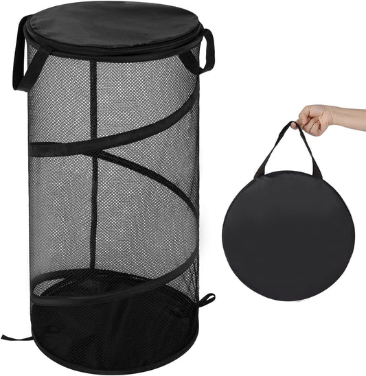 Large Collapsible Laundry Basket with Lid Foldable Mesh Pop Up Hamper with Handles for Laundry Room, Bathroom, Kids Room, College Dorm, Travel, Storage Organizer Black