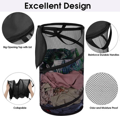 Large Collapsible Laundry Basket with Lid Foldable Mesh Pop Up Hamper with Handles for Laundry Room, Bathroom, Kids Room, College Dorm, Travel, Storage Organizer Black