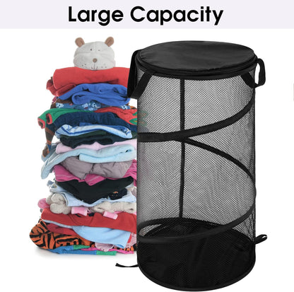 Large Collapsible Laundry Basket with Lid Foldable Mesh Pop Up Hamper with Handles for Laundry Room, Bathroom, Kids Room, College Dorm, Travel, Storage Organizer Black
