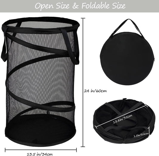 Collapsible Laundry Basket Foldable Mesh Pop Up Hamper with Handles for Laundry Room, Bathroom, Kids Room, College Dorm, Travel, Storage Organizer Black