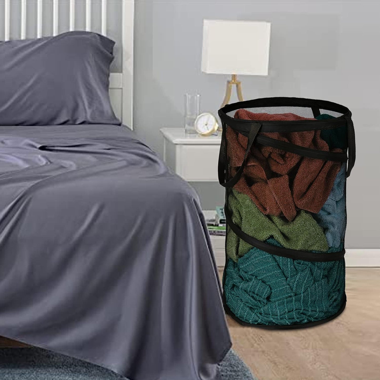 Collapsible Laundry Basket Foldable Mesh Pop Up Hamper with Handles for Laundry Room, Bathroom, Kids Room, College Dorm, Travel, Storage Organizer Black