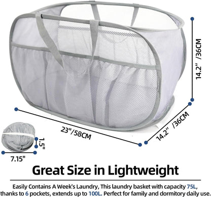 Collapsible Laundry Baskets, Upgrade Pop Up Laundry Hamper with Convenient Bags, Foldable Laundry Basket Mesh Light Weight, Easy to Carry Clothes Hampers for Laundry, Dorm, Toys, Travel Grey
