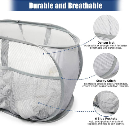 Collapsible Laundry Baskets, Upgrade Pop Up Laundry Hamper with Convenient Bags, Foldable Laundry Basket Mesh Light Weight, Easy to Carry Clothes Hampers for Laundry, Dorm, Toys, Travel Grey