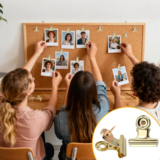 20Pcs Push Pins Clips Gold - Metal Bulldog Clips with Pushpin - Cork Board Thumb Tacks for Home Office School Artworks Projects on Cork Photos Documents on Bulletin Board - No Holes for The Paper