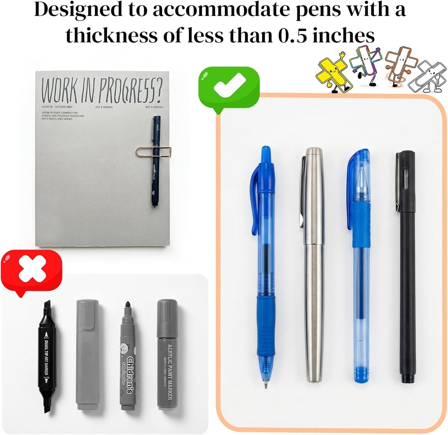 Paperclip Pen Holder, Metal Pen Clips, Heart Shaped+Cross Shaped, 16 Pack