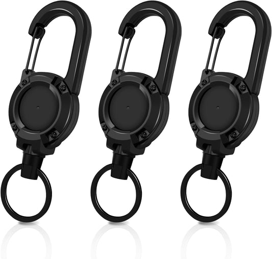 3 Pack Retractable Keychain with Carabiner - Black - 60cm Extendable Key Ring for Work Outdoor Travel