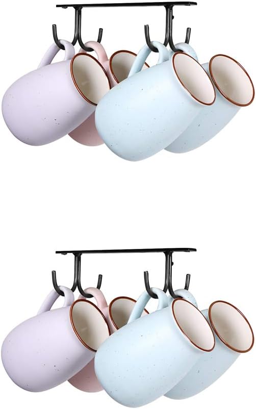 Under Cabinet Industrial Mug Holder - Space-Saving Hanging Rack for Mugs, Cups & Kitchen Accessories - 4 Hooks - 2 Pack