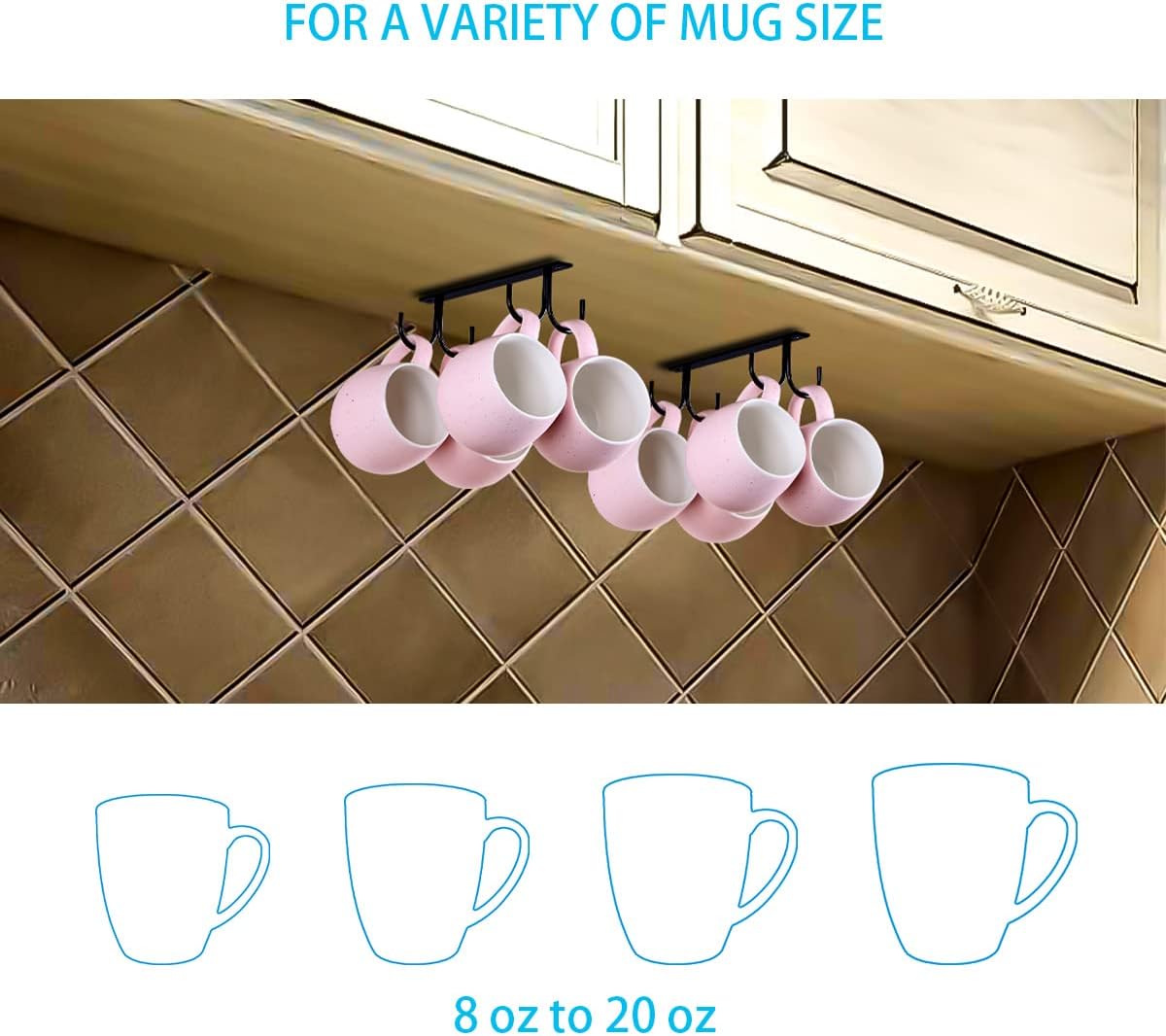 Under Cabinet Industrial Mug Holder - Space-Saving Hanging Rack for Mugs, Cups & Kitchen Accessories - 4 Hooks - 2 Pack