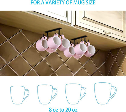 Under Cabinet Industrial Mug Holder - Space-Saving Hanging Rack for Mugs, Cups & Kitchen Accessories - 4 Hooks - 2 Pack