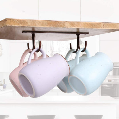 Under Cabinet Industrial Mug Holder - Space-Saving Hanging Rack for Mugs, Cups & Kitchen Accessories - 4 Hooks - 2 Pack