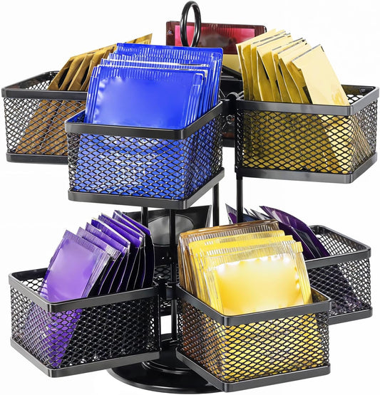 Rotating Tea Bag Organizer for 96 Sachets - Black Metal Revolving Tea Storage Holder - Luxury Kitchen & Office Gift
