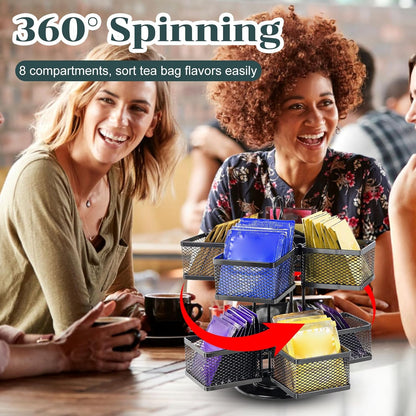 Rotating Tea Bag Organizer for 96 Sachets - Black Metal Revolving Tea Storage Holder - Luxury Kitchen & Office Gift
