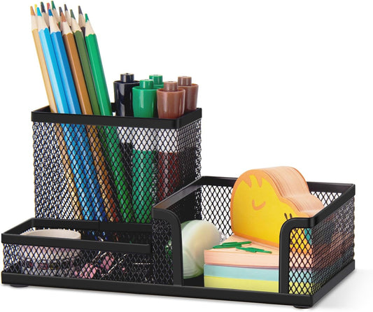 Black 3 Compartment Metal Mesh Pen Holder Desk Organizer for Office and Home Work - 1 Piece