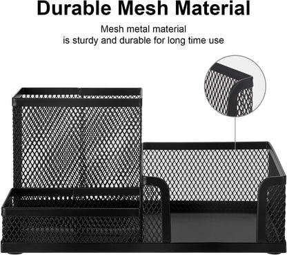 Black 3 Compartment Metal Mesh Pen Holder Desk Organizer for Office and Home Work - 1 Piece