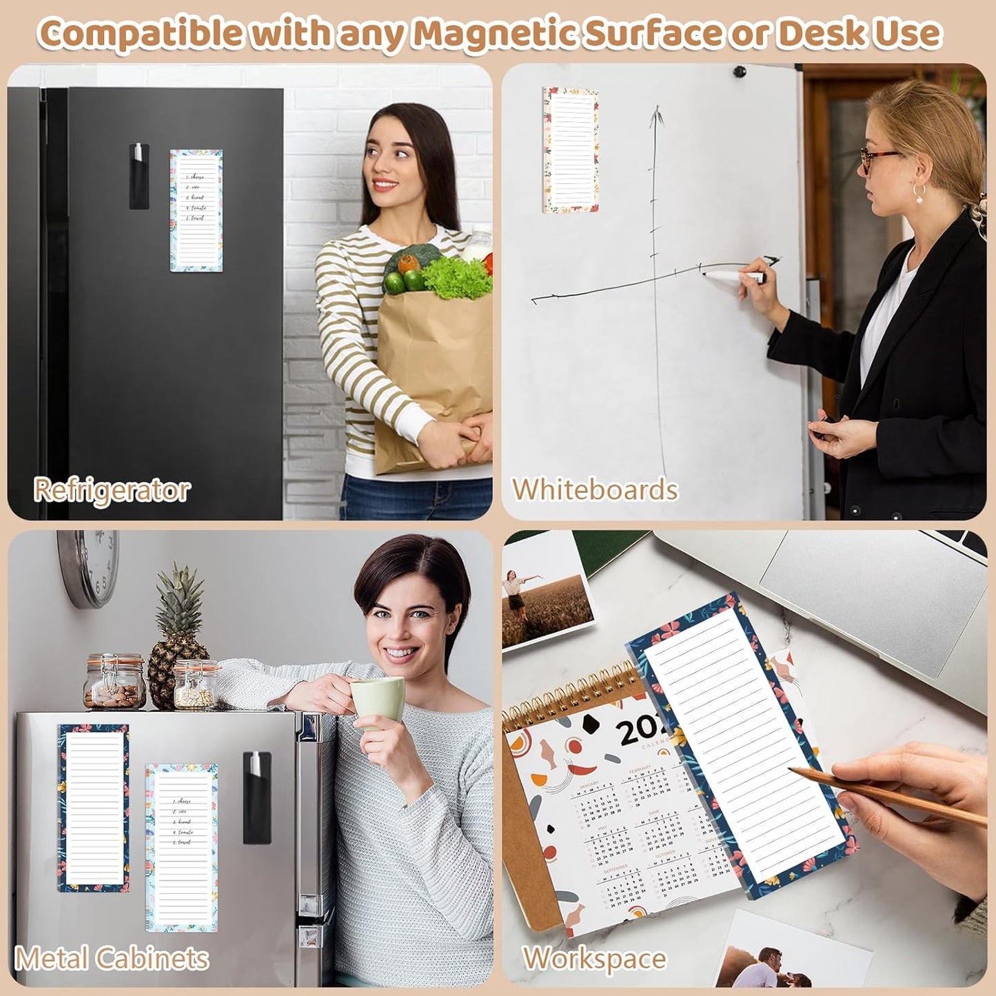 Magnetic Notepads with Pen Holder - 200 Sheets - 4 Pack for Refrigerator - Ideal for Grocery Lists & To-Do Lists