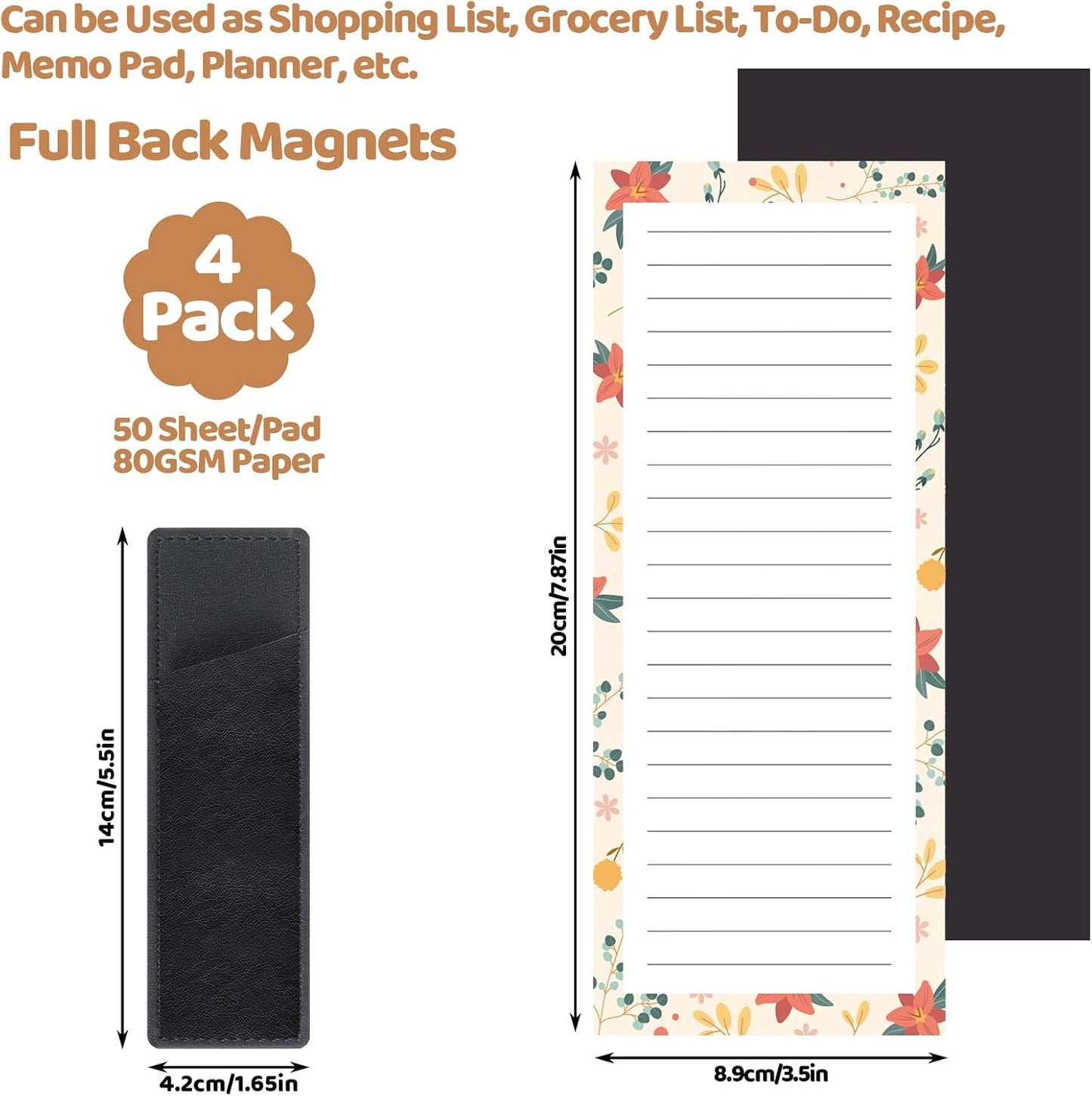Magnetic Notepads with Pen Holder - 200 Sheets - 4 Pack for Refrigerator - Ideal for Grocery Lists & To-Do Lists