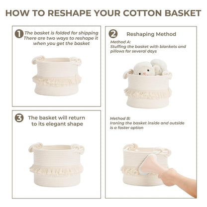 Cotton Storage Basket with Tassels 18x24cm White Decorative Woven Organizer for Bedroom Living Room Kids Room Boho Style