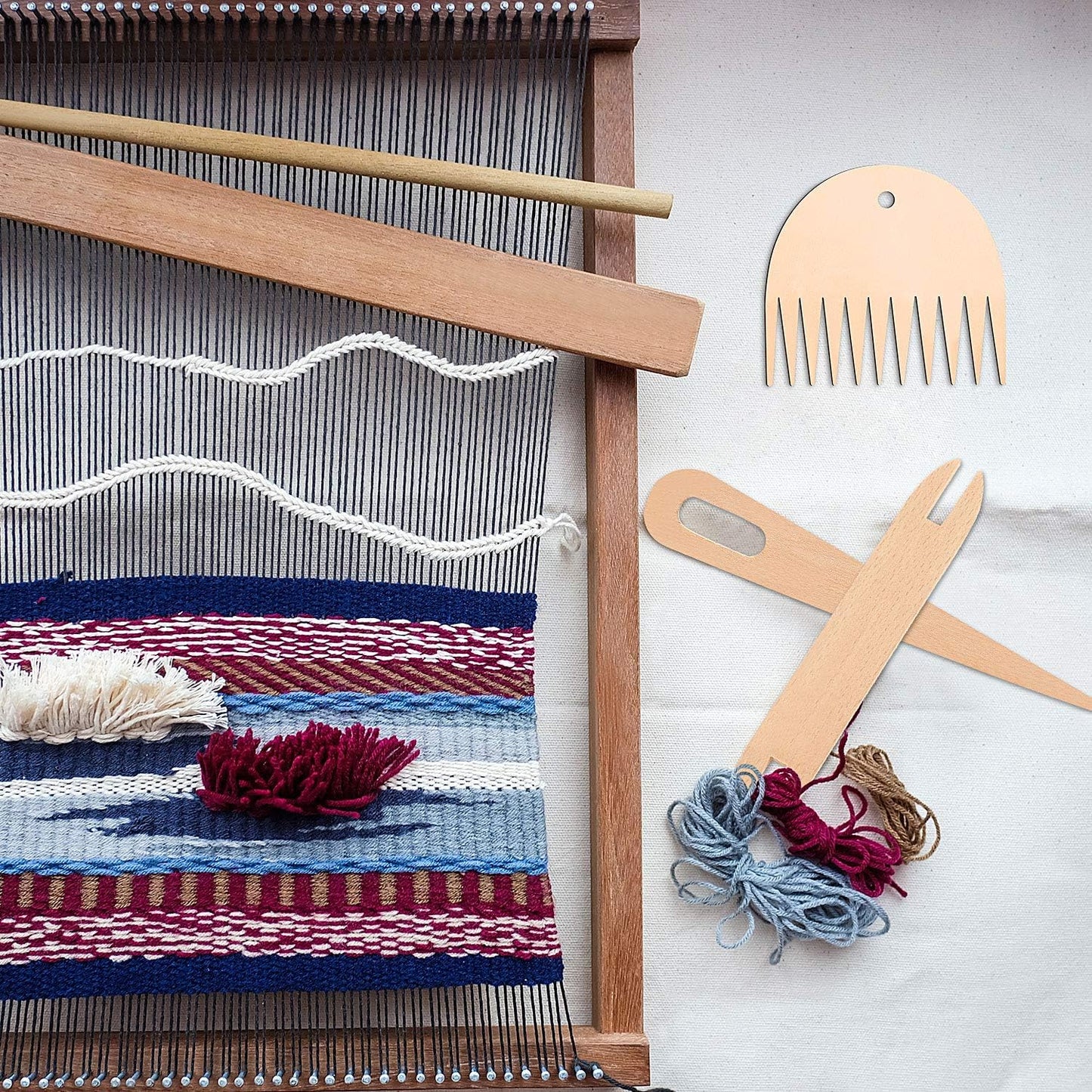 7-Delige Houten Weefset - Weefnaalden Weefspoel & Weefkam - Handweven DIY Gereedschap - Tapestry Wandtapijt Breien - Cadeau Breien Weven