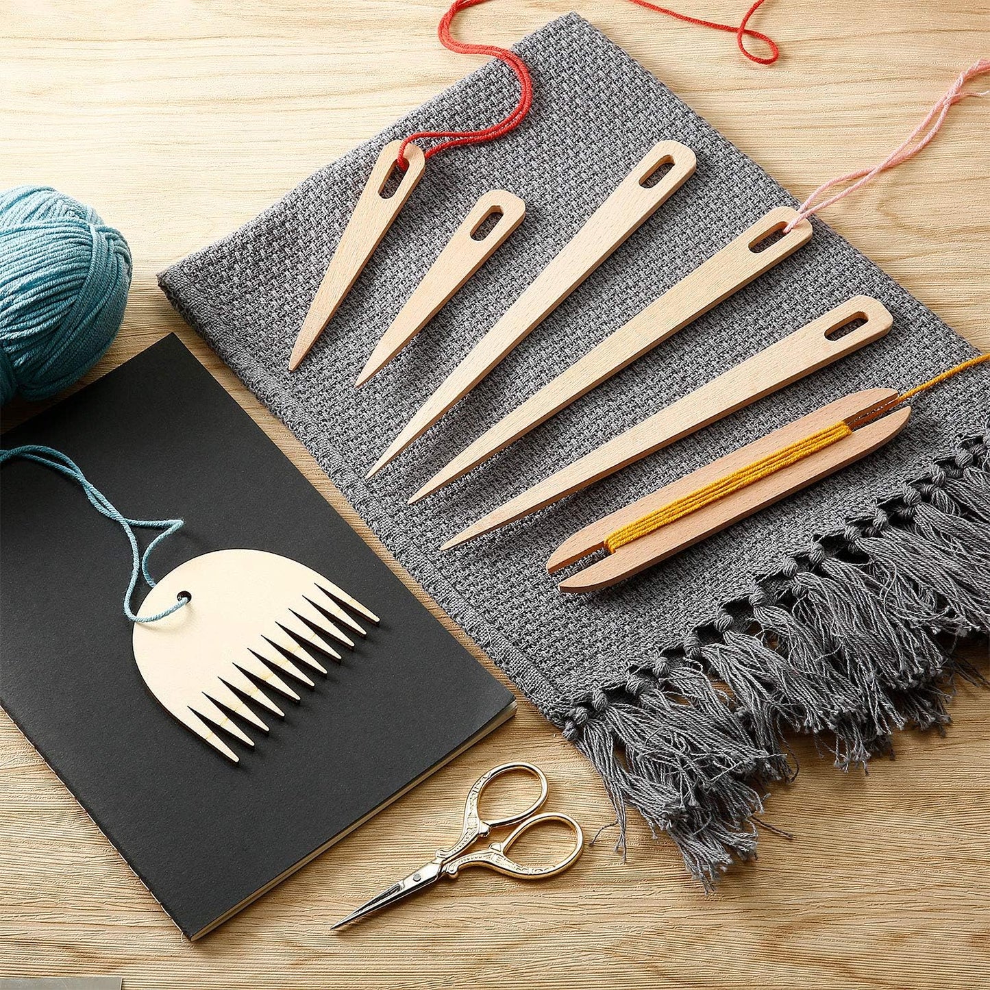 7-Delige Houten Weefset - Weefnaalden Weefspoel & Weefkam - Handweven DIY Gereedschap - Tapestry Wandtapijt Breien - Cadeau Breien Weven