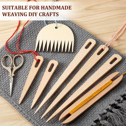 7-Delige Houten Weefset - Weefnaalden Weefspoel & Weefkam - Handweven DIY Gereedschap - Tapestry Wandtapijt Breien - Cadeau Breien Weven