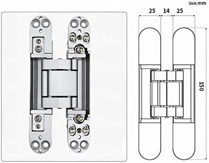 6inch Hidden Door Hinges Invisible Hinges Concealed Hinges Zinc Alloy 180 Degree Swing Hinge 3 Way Adjustable Butt Hinge 6 x 2.5 x 1 inch (Silver Pack of 3)