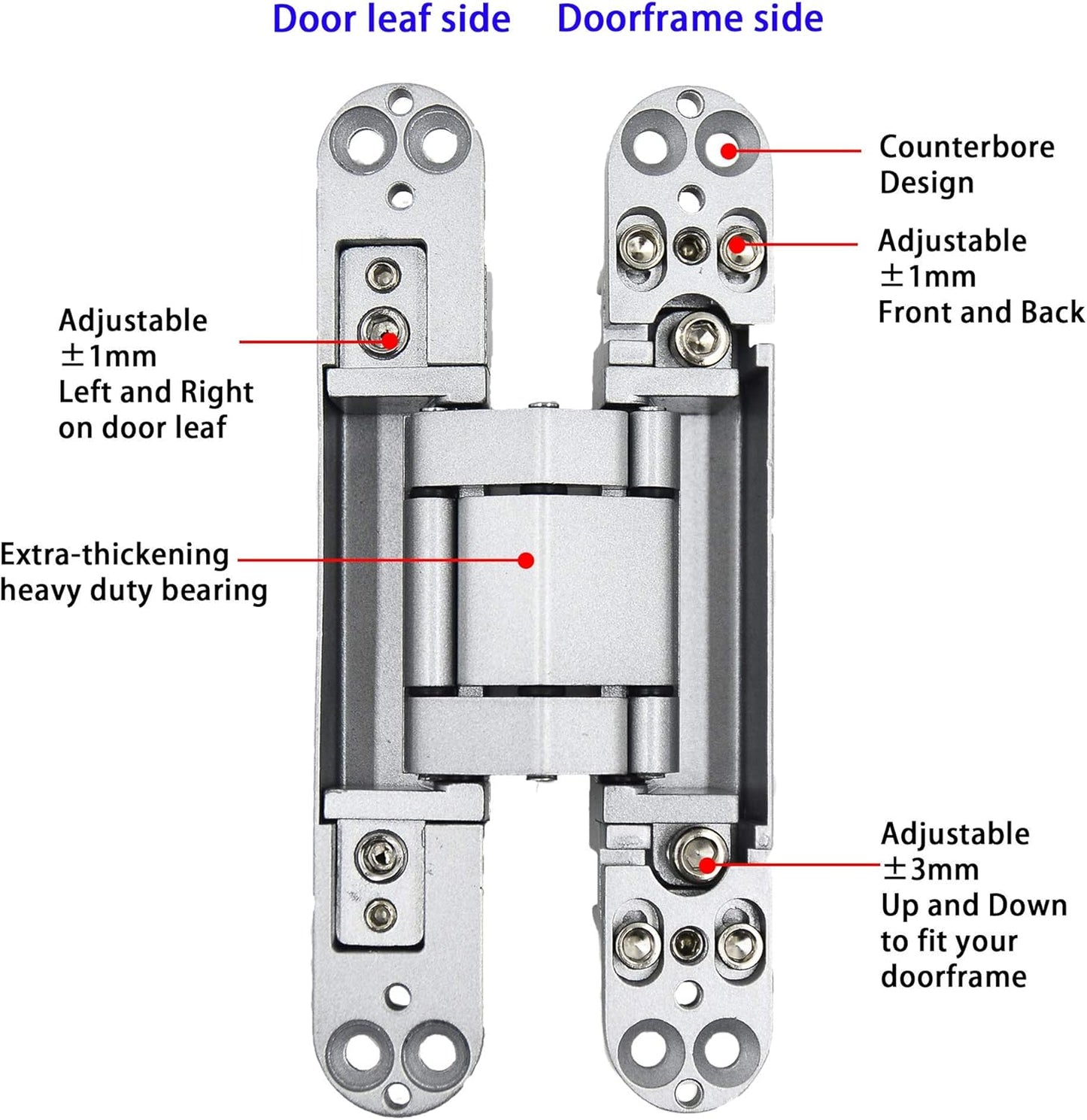 6inch Hidden Door Hinges Invisible Hinges Concealed Hinges Zinc Alloy 180 Degree Swing Hinge 3 Way Adjustable Butt Hinge 6 x 2.5 x 1 inch (Silver Pack of 3)