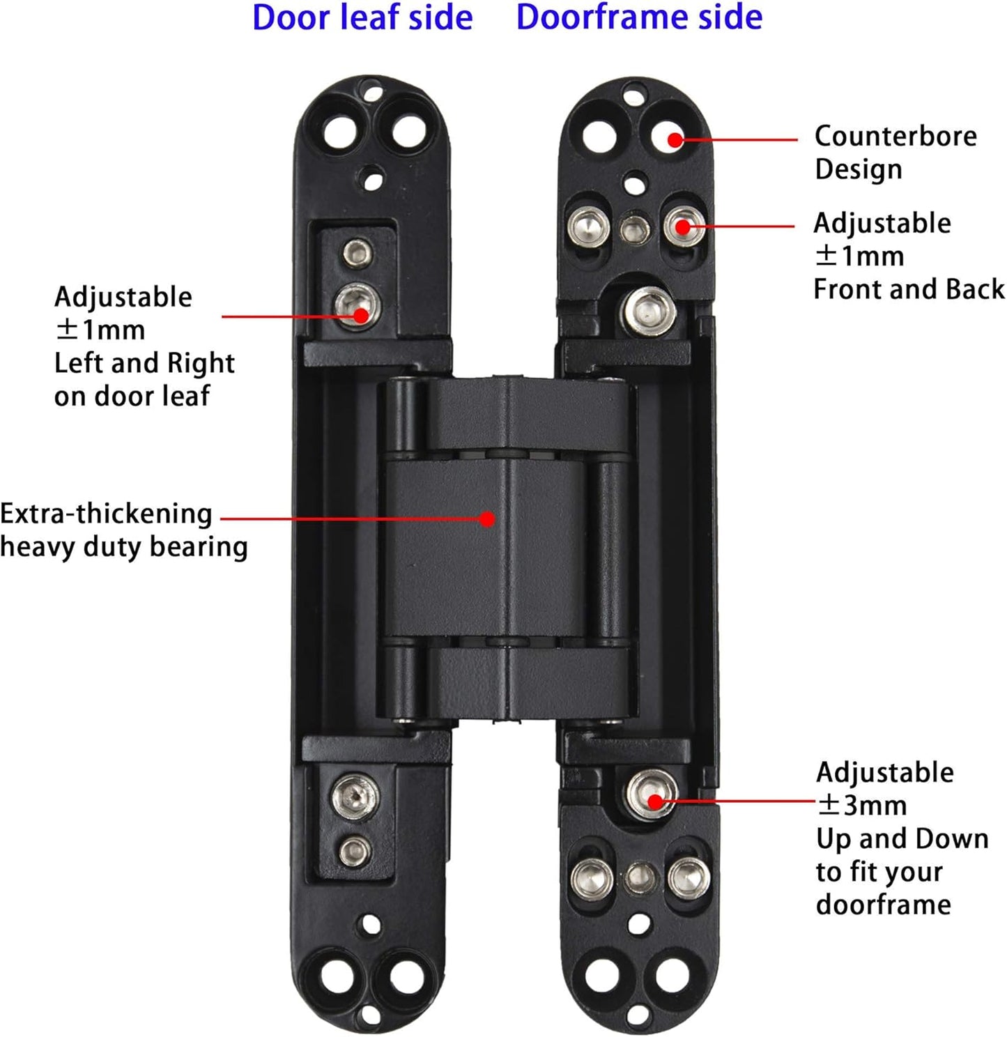 6 inch Hidden Door Hinges Invisible Hinges Concealed Hinges Zinc Alloy 180 Degree Swing Hinge 3 Way Adjustable Butt Hinge 6 x 2.5 x 1 inch (Black Pack of 3)