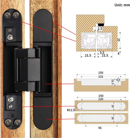 6 inch Hidden Door Hinges Invisible Hinges Concealed Hinges Zinc Alloy 180 Degree Swing Hinge 3 Way Adjustable Butt Hinge 6 x 2.5 x 1 inch (Black Pack of 3)
