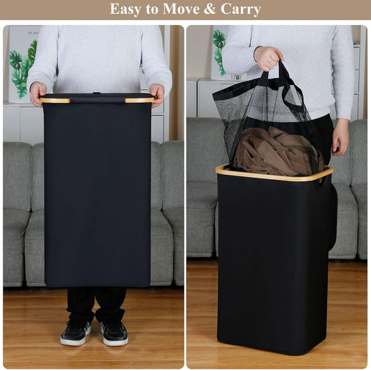 Laundry Hamper with Lid - Waterproof Freestanding Laundry Basket with Removable Liner Bag, Collapsible 110L Large Clothes Storage Laundry Bin with Easy Carry Bamboo Handle for Clothes Toys Organizer