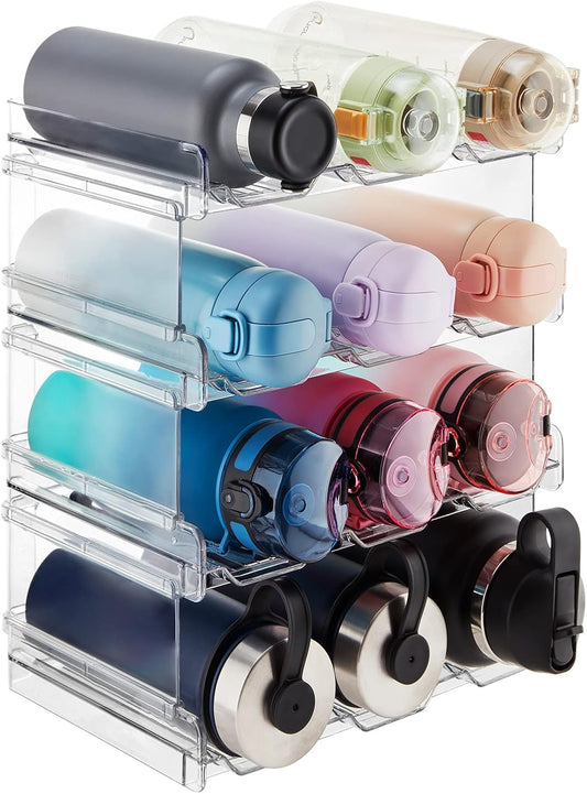 Stackable Water Bottle Organizer for Cabinet, Freezer, Pantry - Plastic Cup Holder, Wine Racks for Kitchen Tabletop Storage, Cupboard, Office - Pack of 4, Each Rack Holds 3 Containers