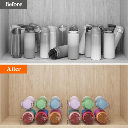 Stackable Water Bottle Organizer for Cabinet, Freezer, Pantry - Plastic Cup Holder, Wine Racks for Kitchen Tabletop Storage, Cupboard, Office - Pack of 4, Each Rack Holds 3 Containers