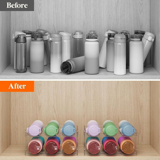 Stackable Water Bottle Organizer for Cabinet, Freezer, Pantry - Plastic Cup Holder, Wine Racks for Kitchen Tabletop Storage, Cupboard, Office - Pack of 4, Each Rack Holds 3 Containers