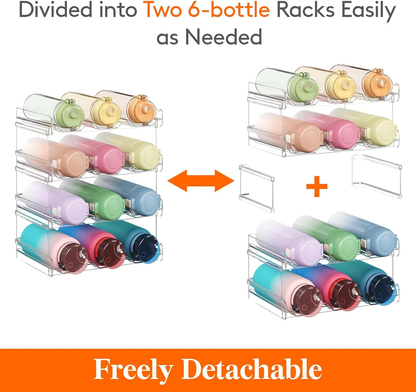Stackable Water Bottle Organizer for Cabinet, Freezer, Pantry - Plastic Cup Holder, Wine Racks for Kitchen Tabletop Storage, Cupboard, Office - Pack of 4, Each Rack Holds 3 Containers