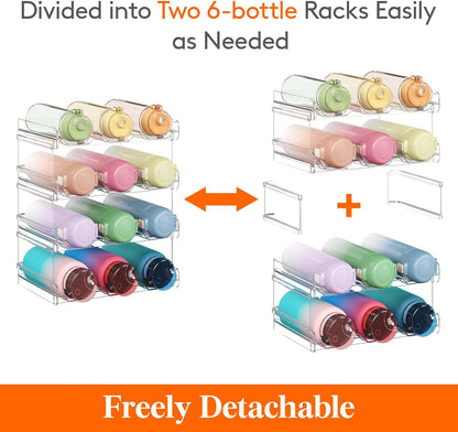 Stackable Water Bottle Organizer for Cabinet, Freezer, Pantry - Plastic Cup Holder, Wine Racks for Kitchen Tabletop Storage, Cupboard, Office - Pack of 4, Each Rack Holds 3 Containers