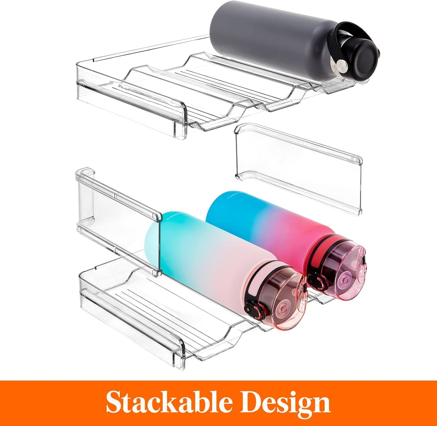 Stackable Water Bottle Organizer for Cabinet, Freezer, Pantry - Plastic Cup Holder, Wine Racks for Kitchen Tabletop Storage, Cupboard, Office - Pack of 4, Each Rack Holds 3 Containers