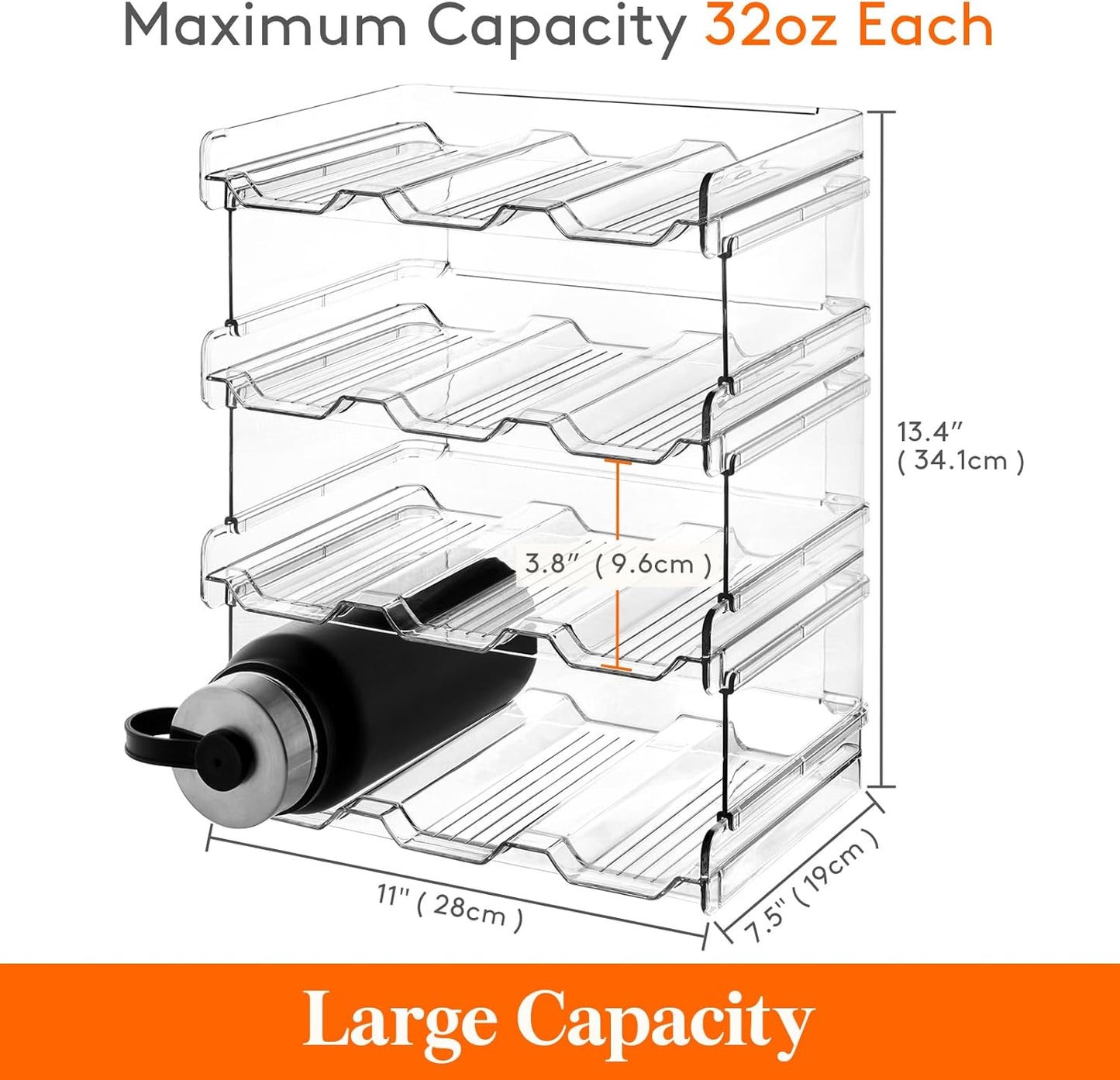 Stackable Water Bottle Organizer for Cabinet, Freezer, Pantry - Plastic Cup Holder, Wine Racks for Kitchen Tabletop Storage, Cupboard, Office - Pack of 4, Each Rack Holds 3 Containers