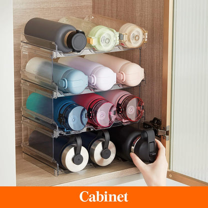 Stackable Water Bottle Organizer for Cabinet, Freezer, Pantry - Plastic Cup Holder, Wine Racks for Kitchen Tabletop Storage, Cupboard, Office - Pack of 4, Each Rack Holds 3 Containers
