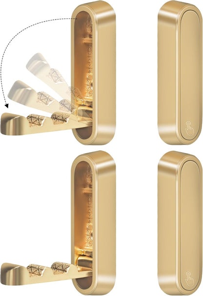 4PCS Foldable Gold Wall Hooks, Heavy Duty Zinc Alloy Folding Wall Hooks, Folding Hidden Coat Hooks Wall Mount Bathroom Foldable Towel Hooks for Hanging Clothes, Bags, Hats, Bathrobes, Keys etc (Gold)