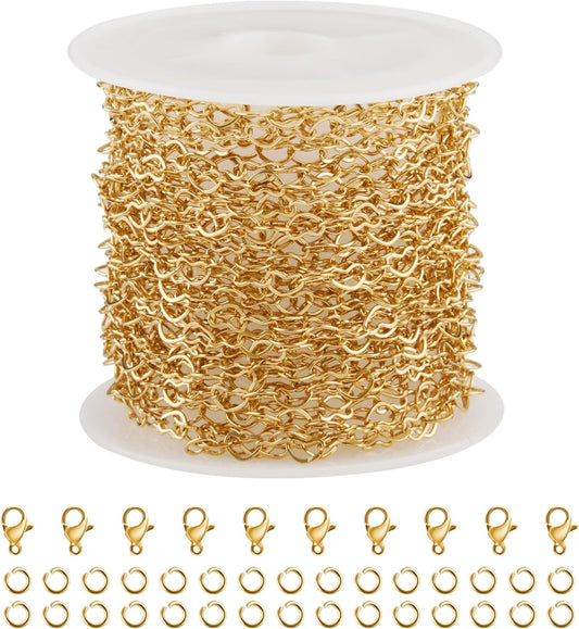 16.4 Feet Hollow Heart Chain Roll Gold Plated Stainless Steel Jewelry Making Chain with Clasps for Handcrafts DIY