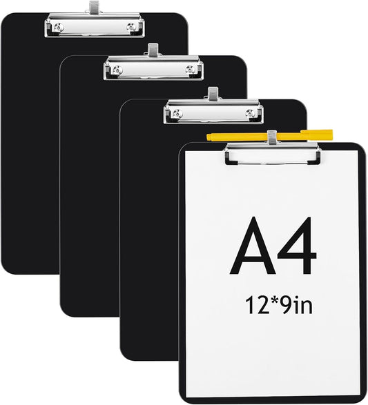 4 Pcs Black Clipboards with Pen Holder 12 x 9 Inch with Profile Clip Standard A4 Letter Size Holds 100 Sheets Plastic Board with Metal Clip and Pen Holder for School Students Office Work