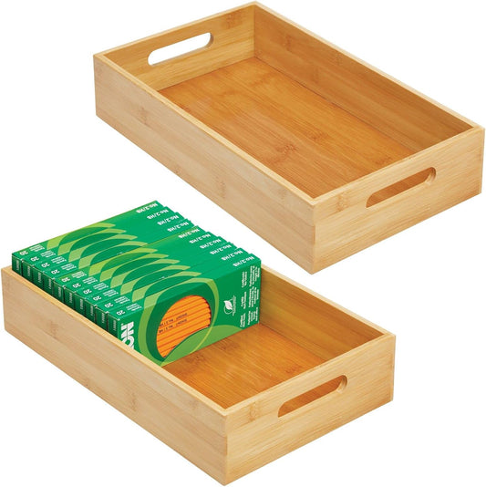 Wide Bamboo Office Desk Drawer Organizer Tray Bin with Handles - Organizer for School Supplies, Pens, Pencils, Notepads, Staplers, Envelopes - Echo Collection, 2 Pack, Natural Wood Finish