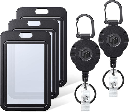 3 Pcs Badge Holder with Double-Sided Windows Vertical Plastic Case and 2 Pcs Retractable Keychain Badge Reel for up to 8 oz Card Protector for ID Credit Cards Driver’s Licenses and Passes
