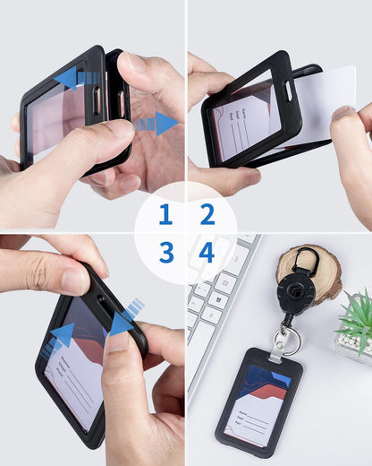 3 Pcs Badge Holder with Double-Sided Windows Vertical Plastic Case and 2 Pcs Retractable Keychain Badge Reel for up to 8 oz Card Protector for ID Credit Cards Driver’s Licenses and Passes
