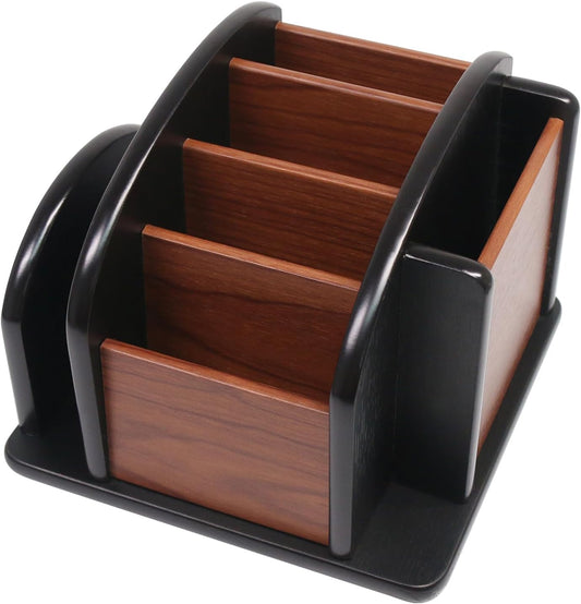 Remote Control Holder Caddy - Wooden Rotating Coffee Table Organizer Large Spinning Wood Remote Holder for Living Room Office (6 Compartments, Brown & Black)