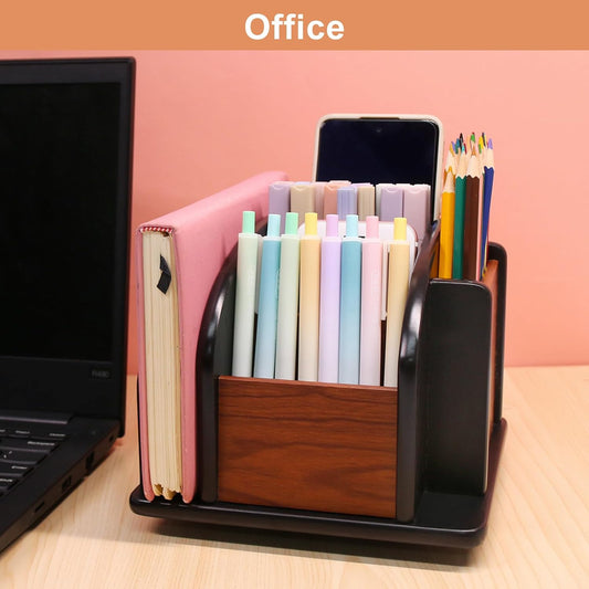 Remote Control Holder Caddy - Wooden Rotating Coffee Table Organizer Large Spinning Wood Remote Holder for Living Room Office (6 Compartments, Brown & Black)
