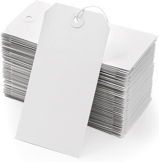 White Blank Shipping Tags with String -  120 Pcs Strung Cardstock Hanging Paper Tag Attached Reinforced Hole for Labeling Price Inventory Luggage 4 3/4" x 2 3/8"