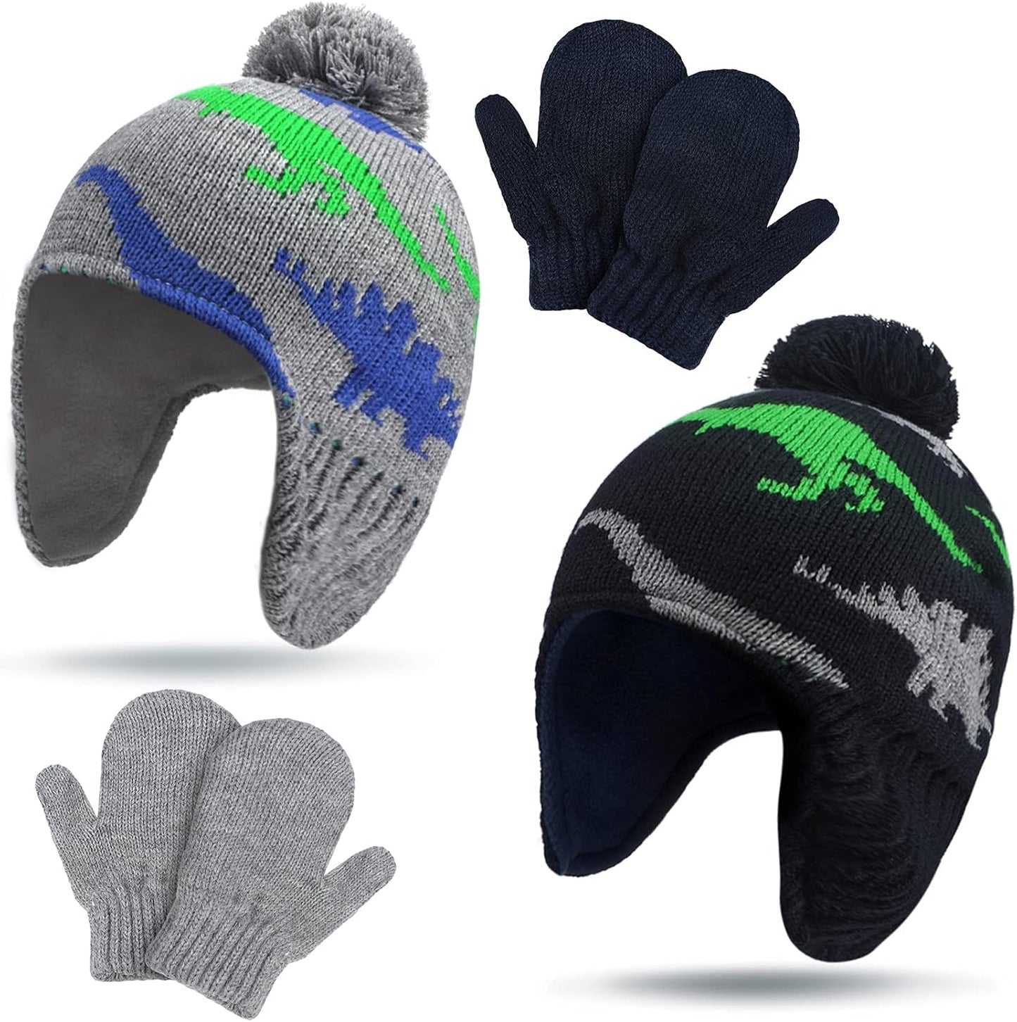 4 PCS Baby Boy Toddler Dinosaur Hat and Glove Set Boys Winter Hat Beanie Kids Gloves Winter Earflap Beanie Fleece Skiing Caps with Warm Ear Flap (Grey, Navy Blue, Green, Blue)